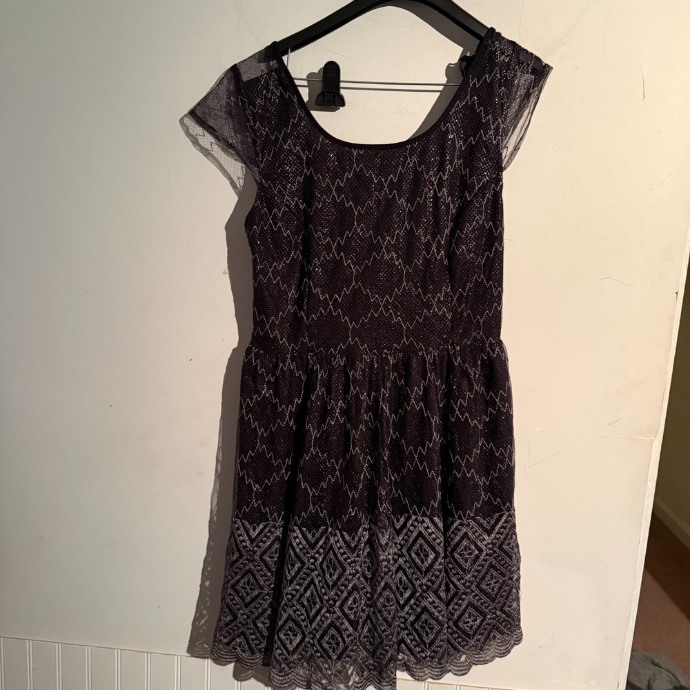 Pins & Needles Dress Size 12 Black Gray‎ Metallic Lace Open Back A Line NWT